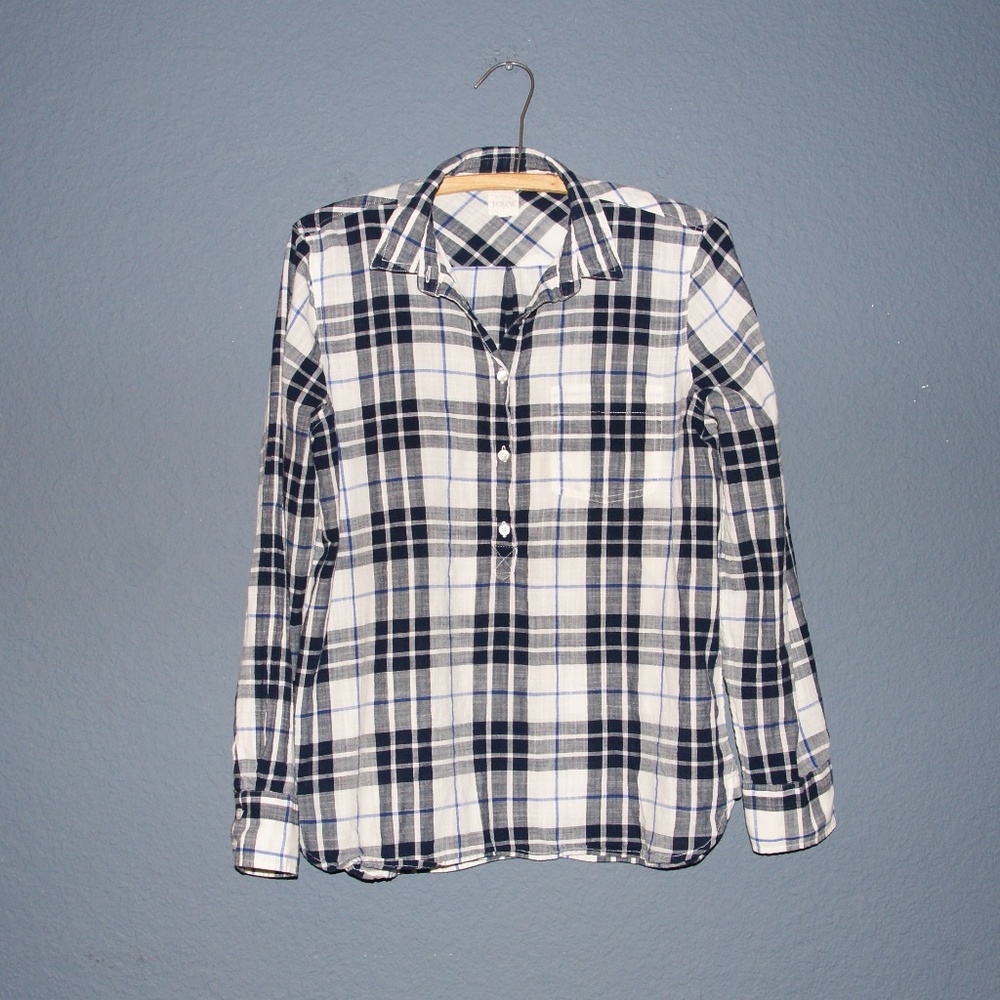 J.CREW Navy Blue Plaid Gauze Popover Shirt - Picture 4 of 8